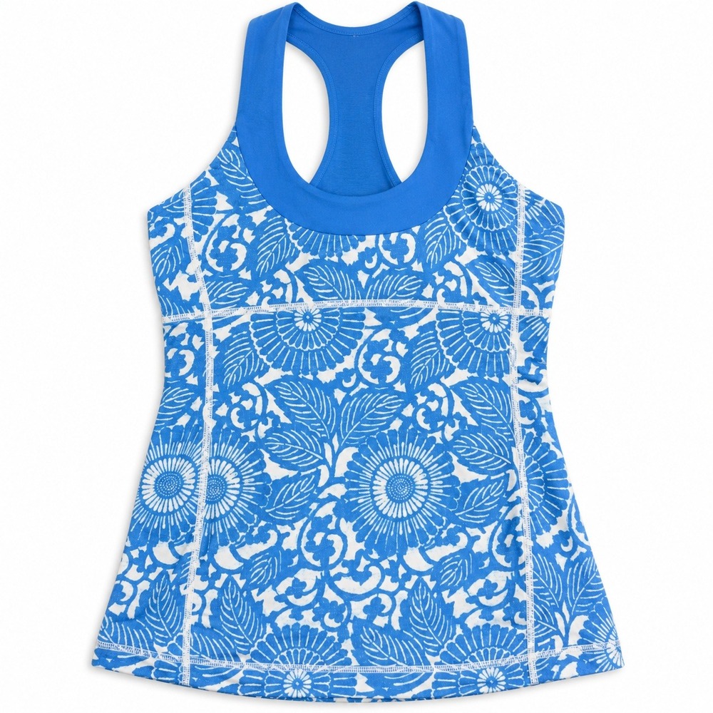 Lululemon Scoop Neck Tank Top Womens Size 6 Blue White Floral Built In Bra
